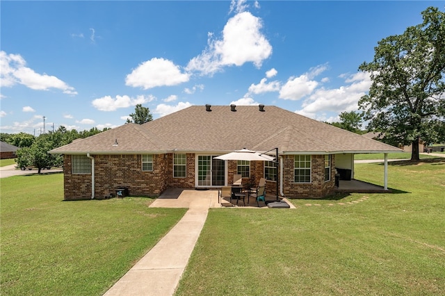 146 Horizon Ln, Alma, AR 72921 - back of house featuring a patio, brick siding, a shingled roof, and a lawn