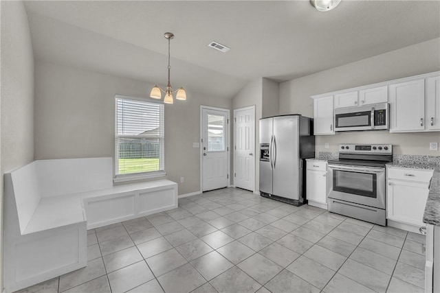 2304 Maplewood Dr, Lowell, AR 72745 - kitchen featuring stainless steel appliances, a chandelier, white cabinetry, hanging light fixtures, and light stone countertops