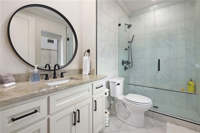 837-839 N Gregg Ave, Fayetteville, AR 72701 - bathroom featuring vanity, a stall shower, marble look tiles, and ornamental molding