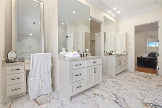 837-839 N Gregg Ave, Fayetteville, AR 72701 - full bath featuring marble finish flooring, ornamental molding, two vanities, and recessed lighting