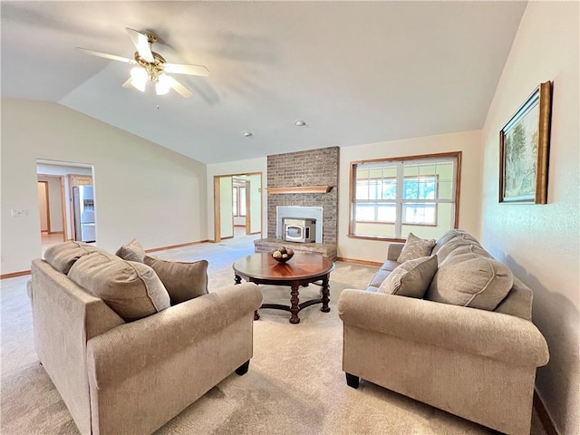 6 Hillcrest Dr, Holiday Island, AR 72631 - living room with light carpet, lofted ceiling, a ceiling fan, and a fireplace