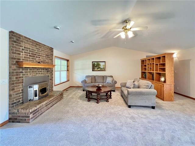 6 Hillcrest Dr, Holiday Island, AR 72631 - living room with vaulted ceiling, a ceiling fan, and light carpet