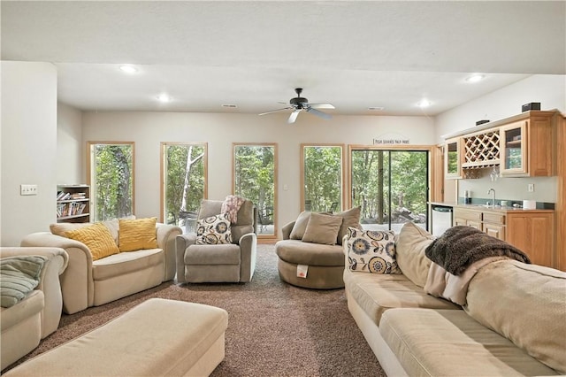 22562 Air Park, Golden, MO 65658 - living area featuring bar with sink, ceiling fan, carpet flooring, and recessed lighting