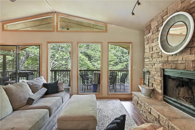22562 Air Park, Golden, MO 65658 - living area with vaulted ceiling, a stone fireplace, and wood finished floors
