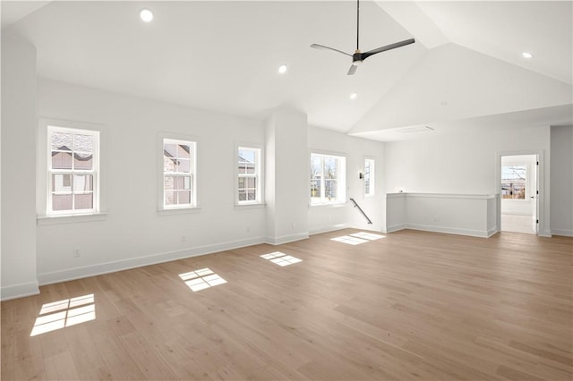 1316 Bella Vista Rd, Bentonville, AR 72712 - unfurnished living room featuring plenty of natural light, light wood finished floors, recessed lighting, ceiling fan, and high vaulted ceiling