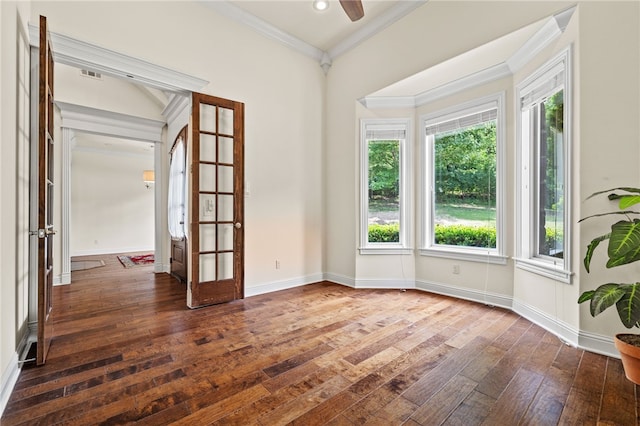 3321 E Cadberry Ter, Fayetteville, AR 72701 - unfurnished room featuring french doors, hardwood / wood-style flooring, crown molding, and ceiling fan