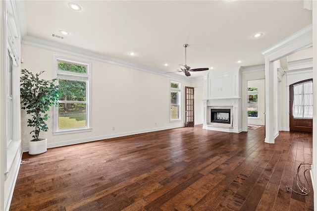 3321 E Cadberry Ter, Fayetteville, AR 72701 - unfurnished living room with ornamental molding, a ceiling fan, dark wood-style floors, a multi sided fireplace, and recessed lighting