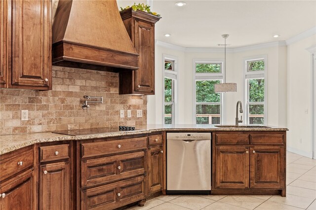 3321 E Cadberry Ter, Fayetteville, AR 72701 - kitchen with stainless steel dishwasher, premium range hood, black electric cooktop, ornamental molding, and light tile patterned floors