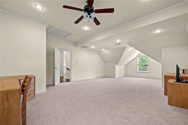 3321 E Cadberry Ter, Fayetteville, AR 72701 - bonus room with a ceiling fan, recessed lighting, carpet flooring, attic access, and vaulted ceiling
