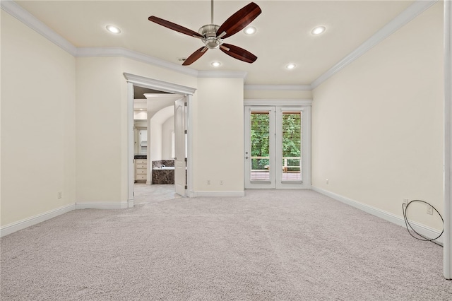 3321 E Cadberry Ter, Fayetteville, AR 72701 - spare room featuring a ceiling fan, ornamental molding, light colored carpet, and recessed lighting