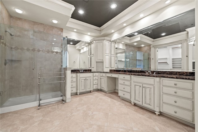 3321 E Cadberry Ter, Fayetteville, AR 72701 - full bathroom with crown molding, a raised ceiling, a stall shower, vanity, and tile patterned flooring