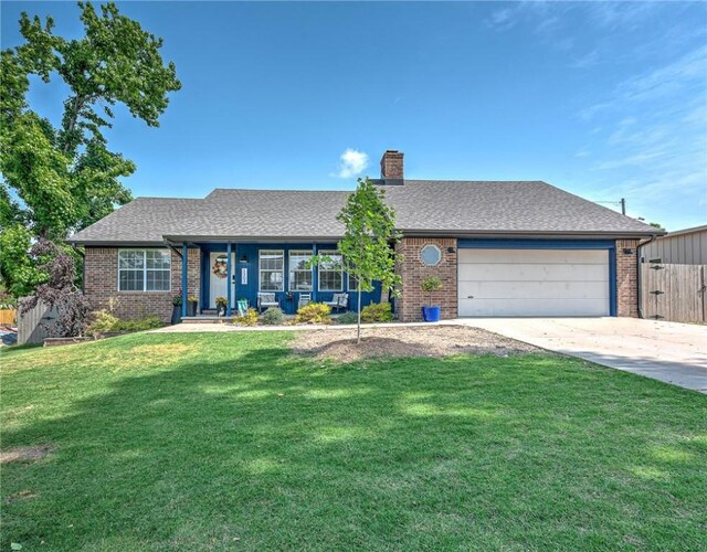 1303 W Pine St, Rogers, AR 72758 - ranch-style house with brick siding, a chimney, an attached garage, and a front yard