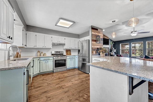 1303 W Pine St, Rogers, AR 72758 - kitchen with appliances with stainless steel finishes, under cabinet range hood, light wood-type flooring, a peninsula, and light stone countertops