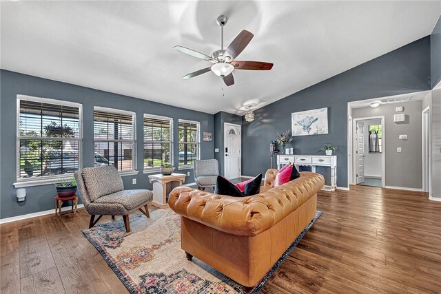 1303 W Pine St, Rogers, AR 72758 - living room with vaulted ceiling, hardwood / wood-style flooring, and ceiling fan