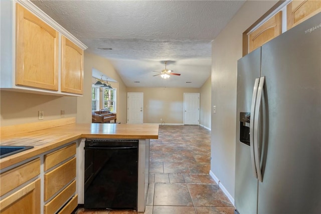 17 Pivot Rock Rd Unit 5, Eureka Springs, AR 72632 - kitchen with stainless steel refrigerator with ice dispenser, dishwasher, light brown cabinets, butcher block countertops, and a ceiling fan