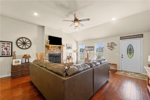 950 Nemett Cir, Pea Ridge, AR 72751 - living area featuring a ceiling fan, a stone fireplace, dark wood-type flooring, lofted ceiling, and recessed lighting