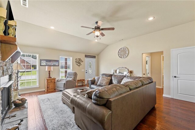 950 Nemett Cir, Pea Ridge, AR 72751 - living room featuring ceiling fan, dark wood finished floors, vaulted ceiling, recessed lighting, and a stone fireplace