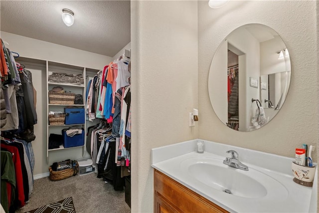 950 Nemett Cir, Pea Ridge, AR 72751 - bathroom featuring vanity, a spacious closet, and a textured ceiling