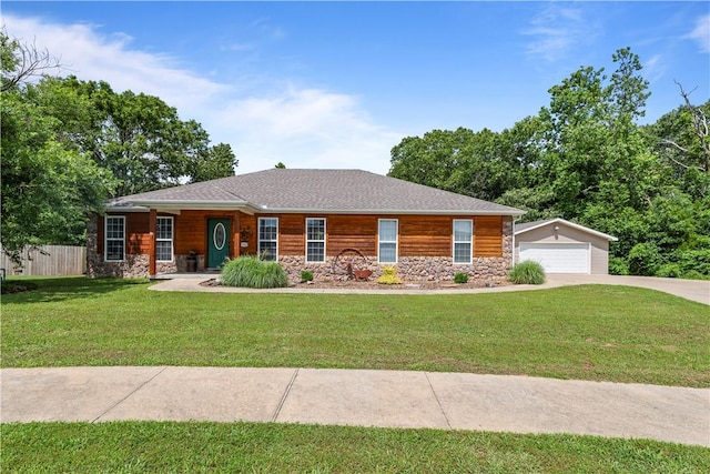 950 Nemett Cir, Pea Ridge, AR 72751 - view of front of house with stone siding, a garage, and an outbuilding