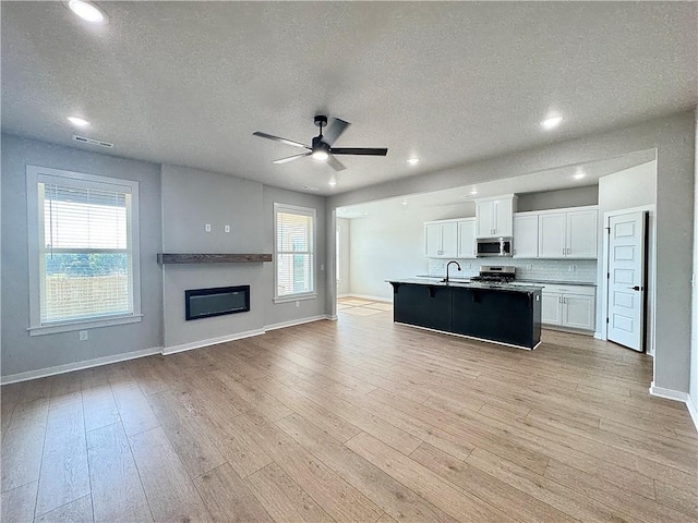 4807 SW Wakanda St, Bentonville, AR 72713 - kitchen with appliances with stainless steel finishes, open floor plan, a ceiling fan, plenty of natural light, and a textured ceiling