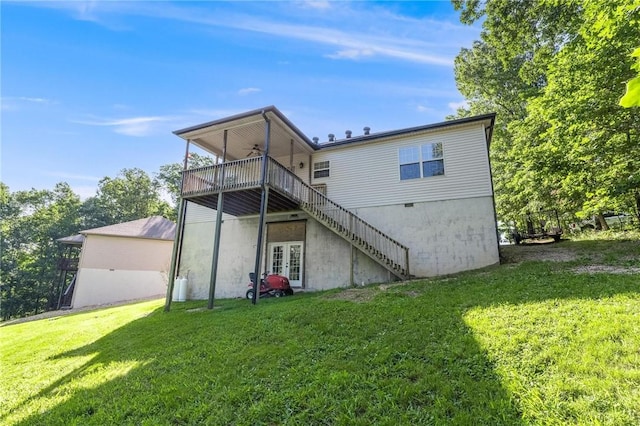 21 Cherhill Dr, Bella Vista, AR 72714 - rear view of property featuring a ceiling fan, a yard, french doors, stairway, and a wooden deck
