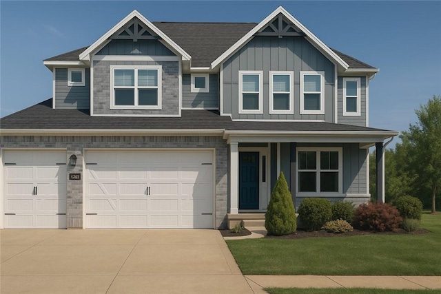 900 Red Oak Loop, Elm Springs, AR 72762 - craftsman inspired home featuring board and batten siding, concrete driveway, a garage, a front yard, and a porch