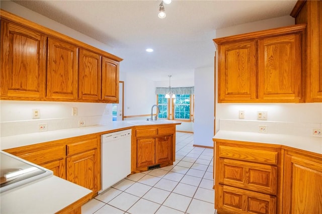 16 Penrith Dr, Bella Vista, AR 72714 - kitchen featuring white dishwasher, a peninsula, light countertops, brown cabinetry, and recessed lighting