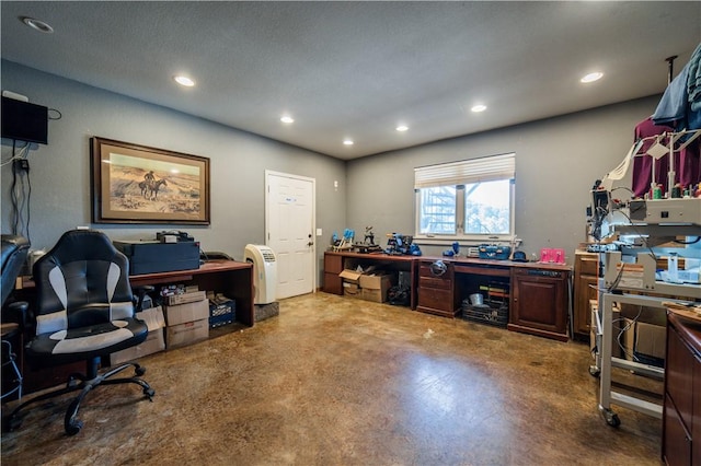 21569 Sibley Rd, Sulphur Springs, AR 72768 - home office with finished concrete floors, recessed lighting, and a workshop area