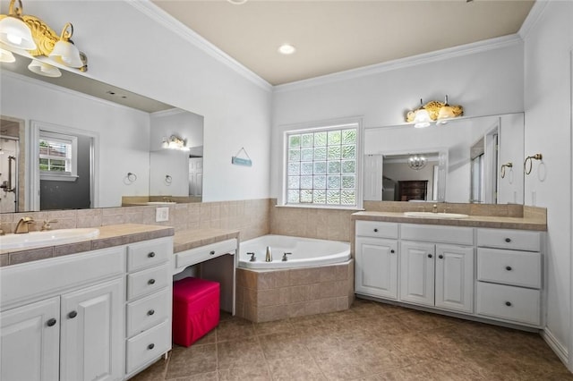1754 N Hartford Dr, Fayetteville, AR 72701 - full bathroom featuring two vanities, crown molding, a garden tub, tile patterned floors, and a shower stall