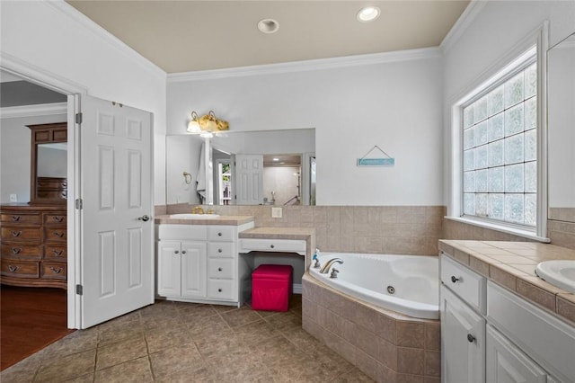 1754 N Hartford Dr, Fayetteville, AR 72701 - bathroom featuring two vanities, a jetted tub, ornamental molding, healthy amount of natural light, and a shower stall