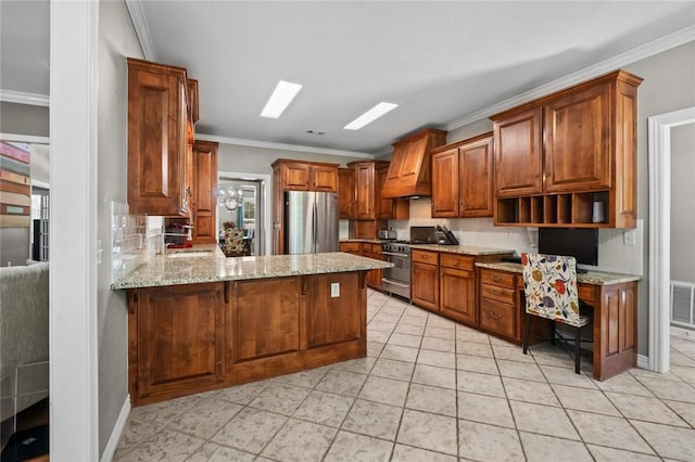 1754 N Hartford Dr, Fayetteville, AR 72701 - kitchen with appliances with stainless steel finishes, custom exhaust hood, crown molding, a peninsula, and light stone countertops