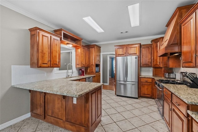 1754 N Hartford Dr, Fayetteville, AR 72701 - kitchen featuring appliances with stainless steel finishes, crown molding, a peninsula, and brown cabinetry