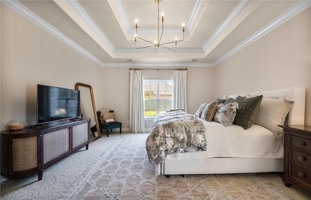 1531 Partridge Run, Bentonville, AR 72713 - bedroom featuring ornamental molding, a chandelier, a raised ceiling, and light colored carpet