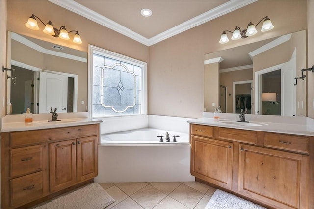 1531 Partridge Run, Bentonville, AR 72713 - bathroom with two vanities, a garden tub, tile patterned floors, and ornamental molding