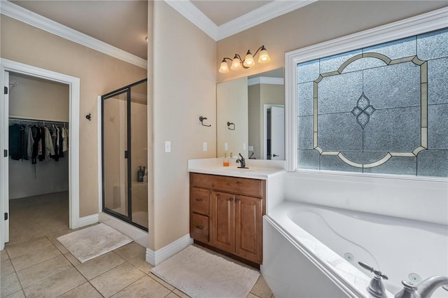 1531 Partridge Run, Bentonville, AR 72713 - full bathroom with a shower stall, a jetted tub, vanity, ornamental molding, and a spacious closet