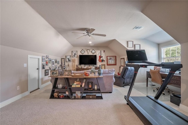 1531 Partridge Run, Bentonville, AR 72713 - exercise room with lofted ceiling, ceiling fan, and light colored carpet