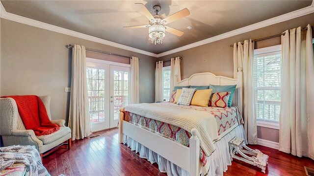 19641 Conestoga Rd, Elkins, AR 72727 - bedroom featuring multiple windows, access to exterior, wood-type flooring, french doors, and ornamental molding