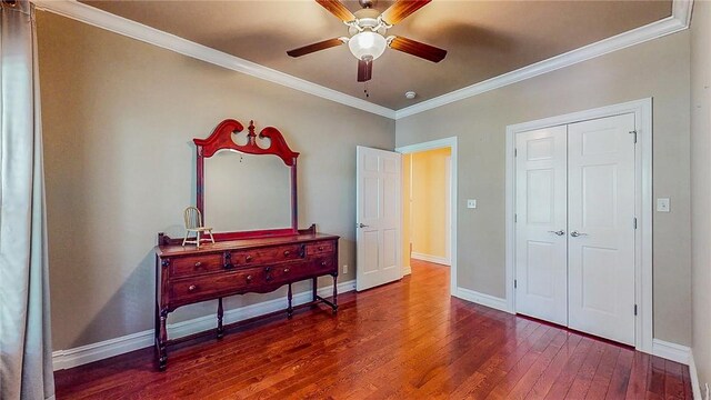 19641 Conestoga Rd, Elkins, AR 72727 - bedroom with wood-type flooring, ornamental molding, and ceiling fan