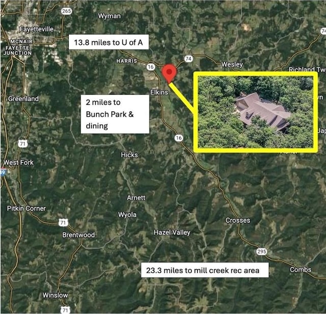 19641 Conestoga Rd, Elkins, AR 72727 - aerial map of property and surrounding area with property boundaries highlighted