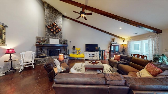 8271 S Lakeshore Dr, Rogers, AR 72756 - living room featuring a ceiling fan and a fireplace