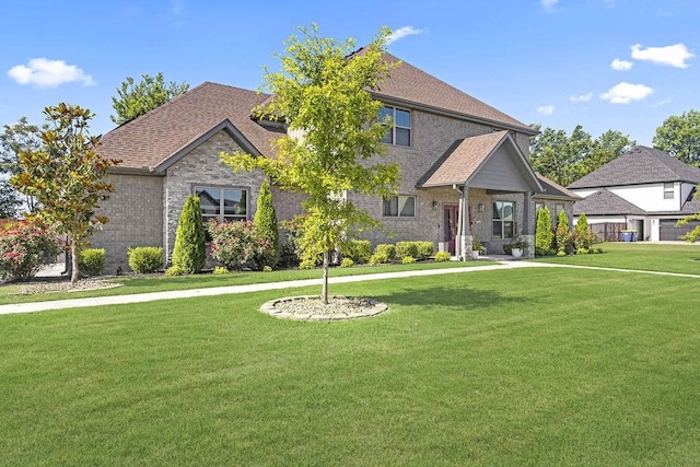 1575 Lake Estates Dr, Springdale, AR 72762 - view of front facade featuring a front yard, a shingled roof, brick siding, and stone siding