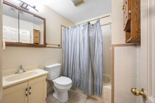 2001 Pin Oak Dr, Springdale, AR 72762 - full bathroom featuring tile walls, wallpapered walls, vanity, shower / bath combo with shower curtain, and tile patterned flooring
