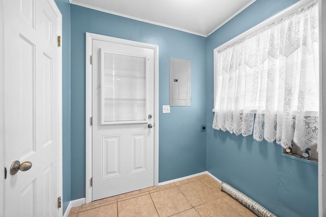 2001 Pin Oak Dr, Springdale, AR 72762 - doorway to outside with electric panel, tile patterned flooring, and crown molding