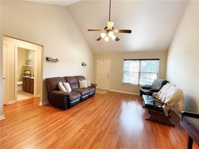 1459 Frisco Track Trce, Elkins, AR 72727 - living room featuring high vaulted ceiling, ceiling fan, and light wood-type flooring