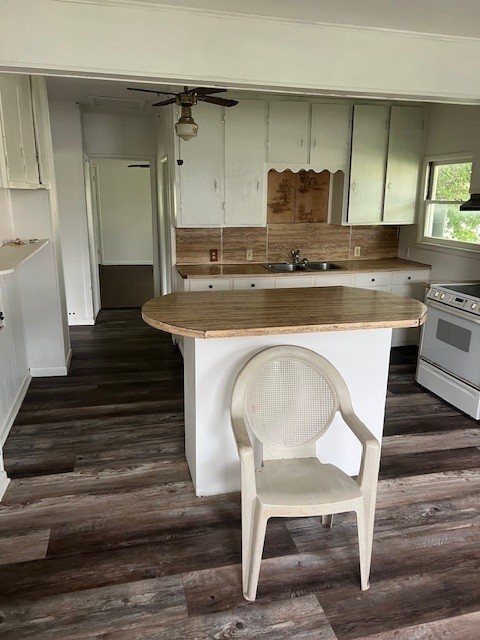 18588 W Rheas Community Rd, Lincoln, AR 72744 - kitchen with white electric range, dark wood-type flooring, a kitchen island, and light countertops