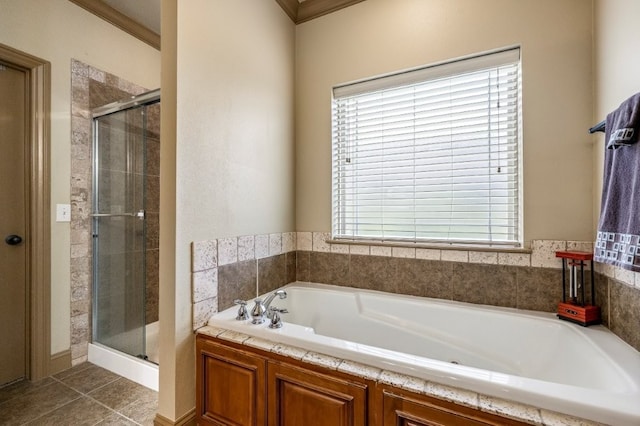 3004 N 16th St, Rogers, AR 72756 - bathroom with a garden tub, a stall shower, tile patterned floors, and ornamental molding