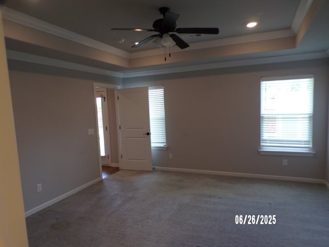298 S Benchmark Ln, Fayetteville, AR 72704 - spare room with a raised ceiling, ornamental molding, carpet, a ceiling fan, and recessed lighting