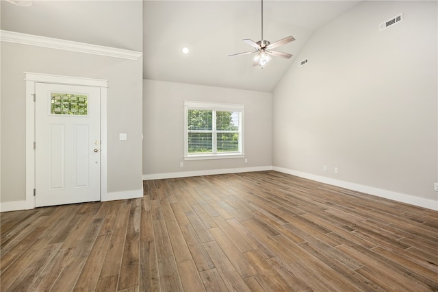 20 Dirleton Dr, Bella Vista, AR 72715 - foyer with a ceiling fan, wood finished floors, and high vaulted ceiling