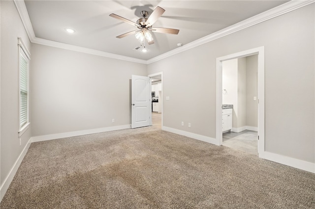 20 Dirleton Dr, Bella Vista, AR 72715 - unfurnished bedroom with crown molding, light colored carpet, recessed lighting, ensuite bath, and ceiling fan