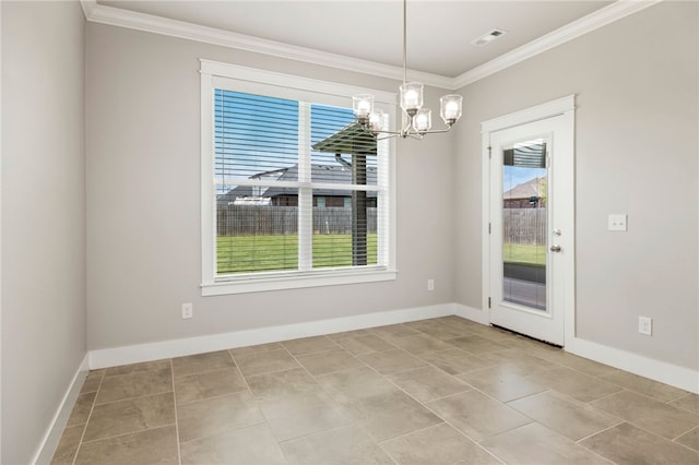 1052 Morra Ave, Tontitown, AR 72762 - unfurnished dining area featuring plenty of natural light, crown molding, a chandelier, and tile patterned flooring
